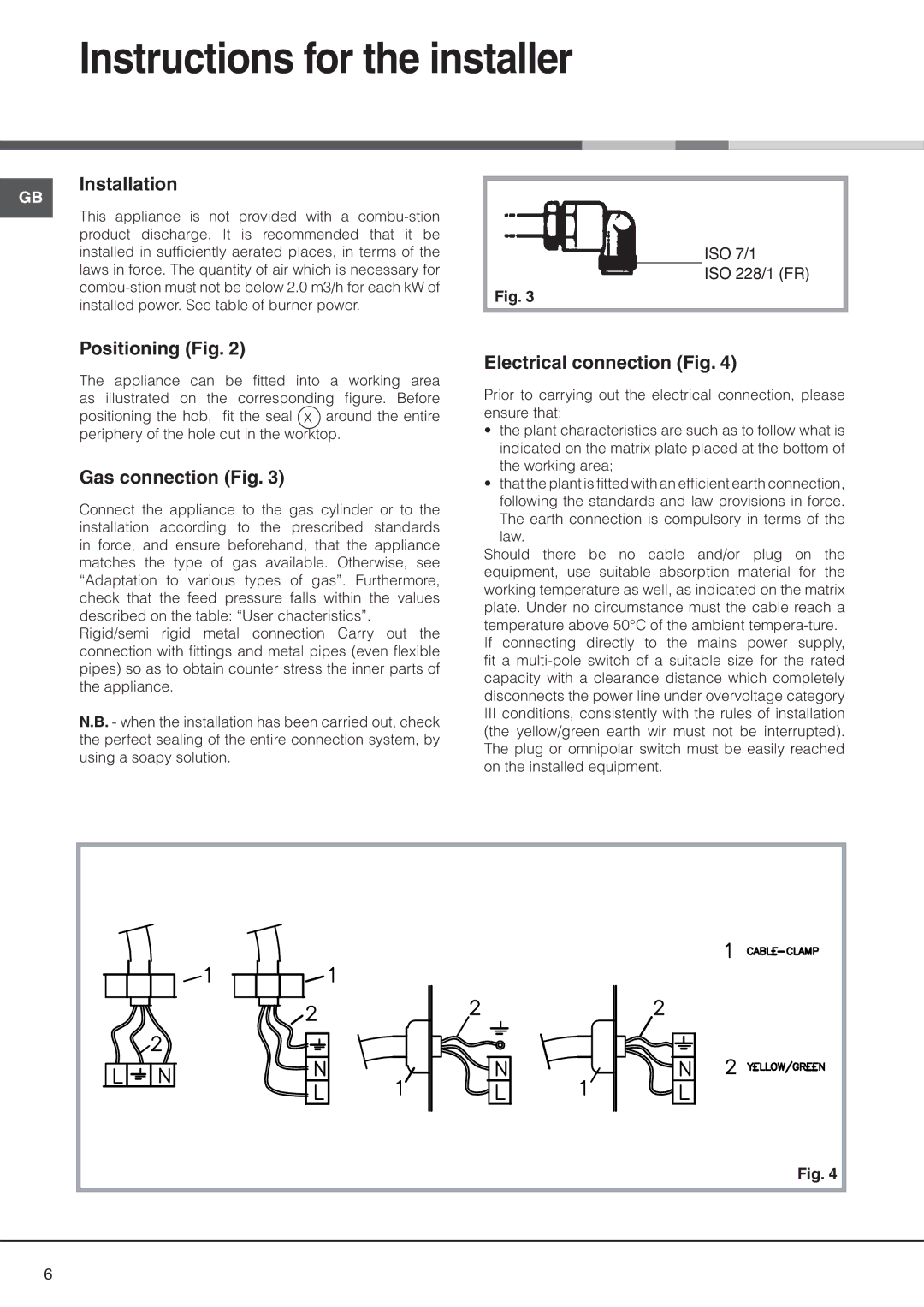 Hotpoint G320GIX, G3201LIX Instructions for the installer, Positioning Fig, Gas connection Fig, Electrical connection Fig 