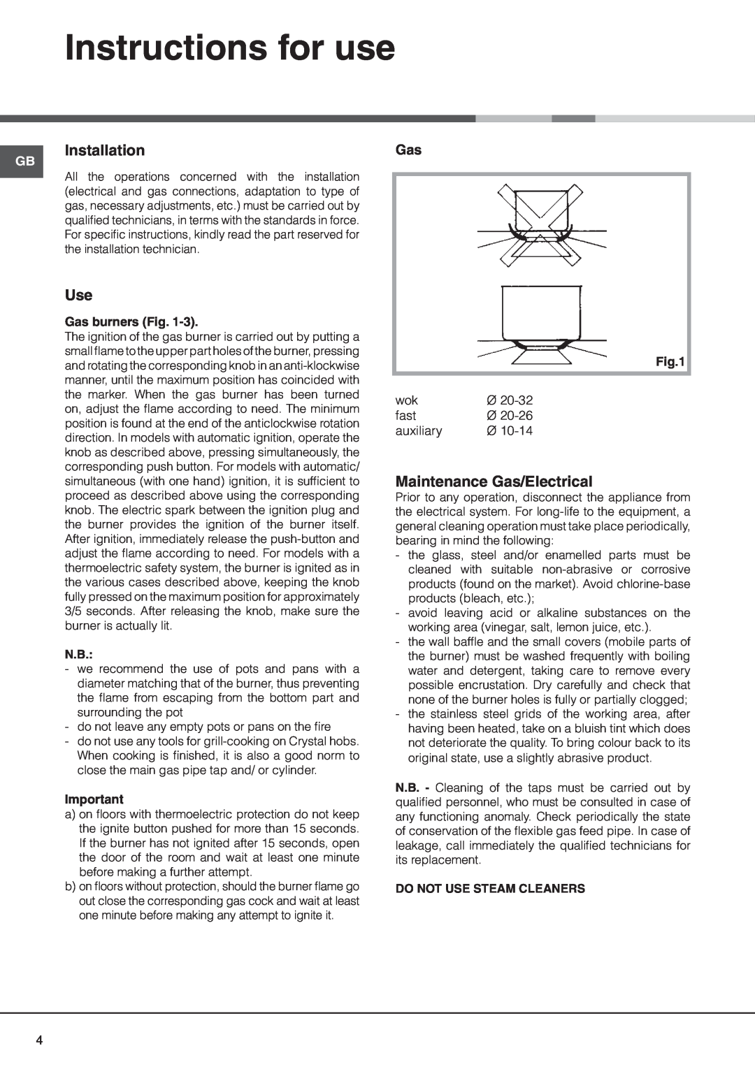 Hotpoint G320GIX, G3201LIX manual Instructions for use, Installation, Maintenance Gas/Electrical, Gas burners Fig 