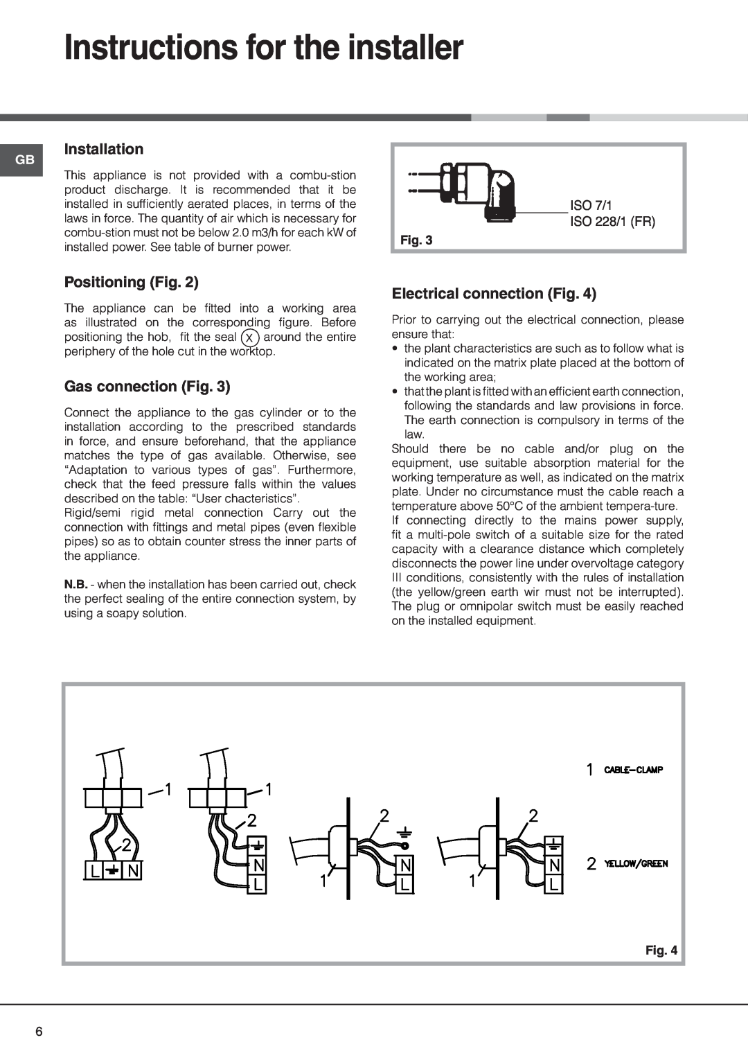Hotpoint G320GIX, G3201LIX Instructions for the installer, Positioning Fig, Gas connection Fig, Electrical connection Fig 