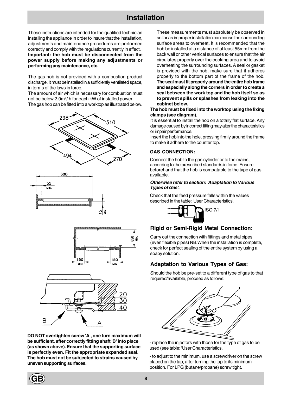 Hotpoint G320X, G310 manual Installation, GAS Connection 