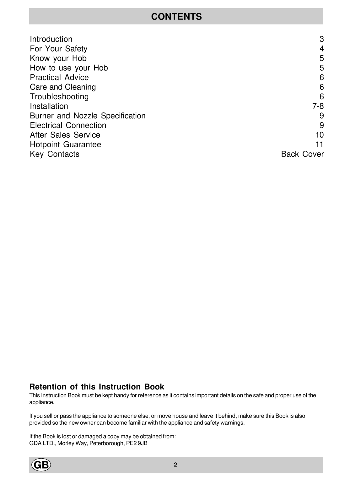 Hotpoint G640 manual Contents 