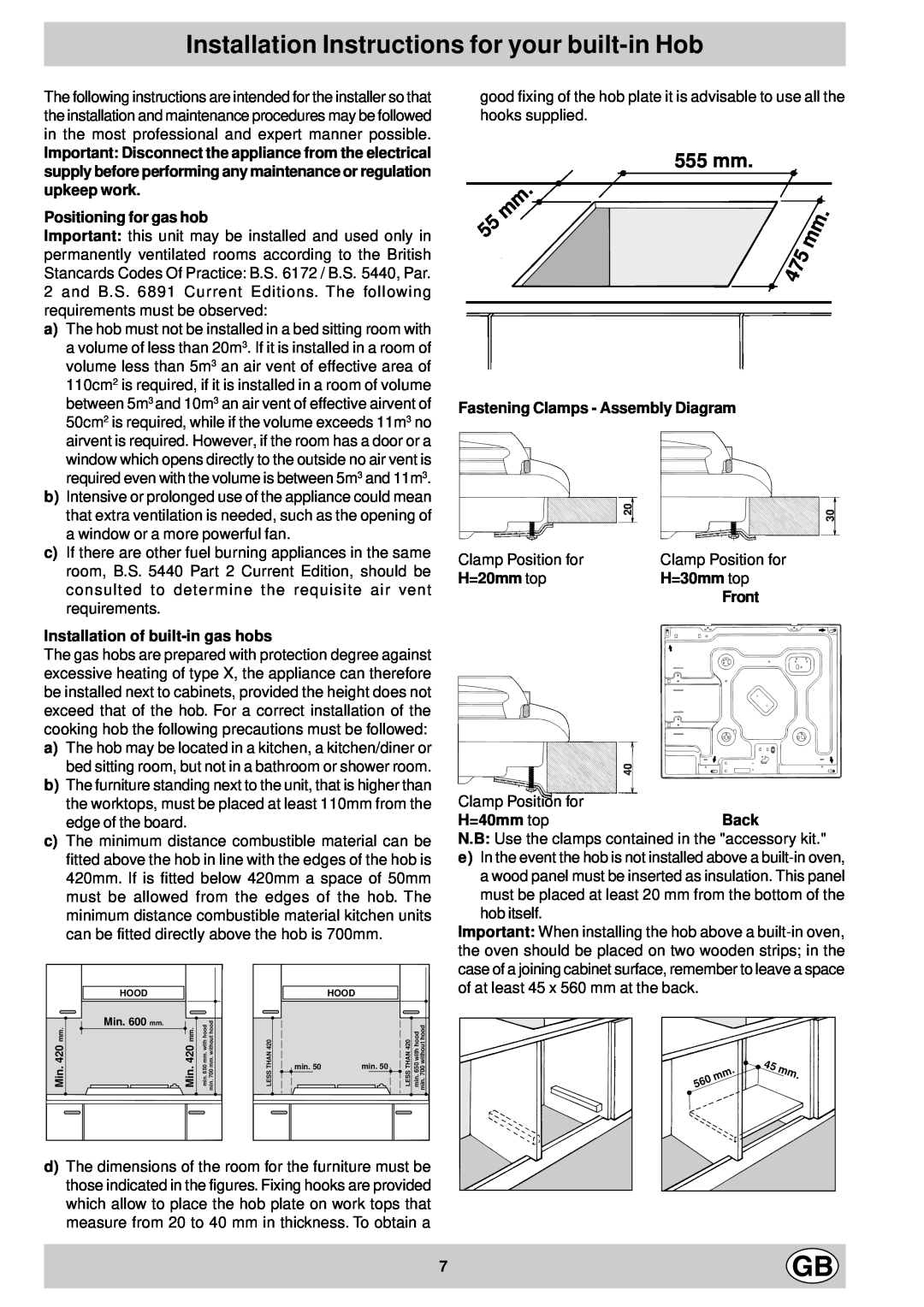 Hotpoint G640 Installation Instructions for your built-in Hob, 555 mm, Positioning for gas hob, H=20mm top, H=30mm top 