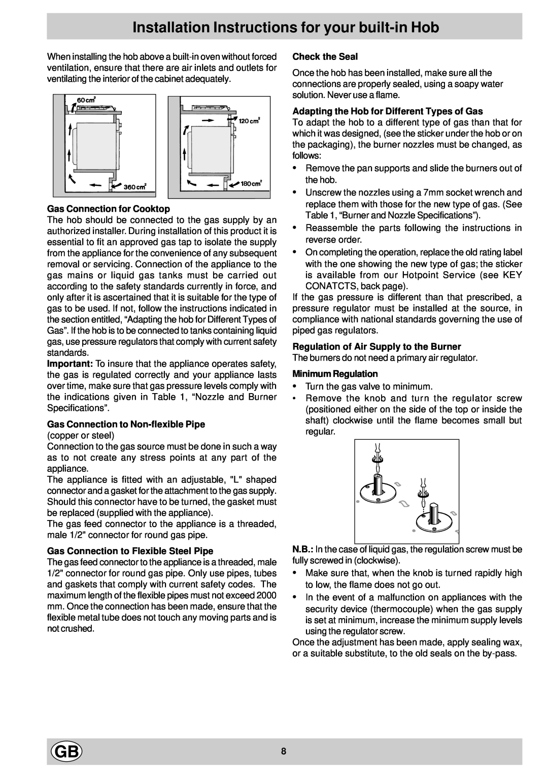 Hotpoint G640 manual Installation Instructions for your built-in Hob, Gas Connection for Cooktop, Check the Seal 