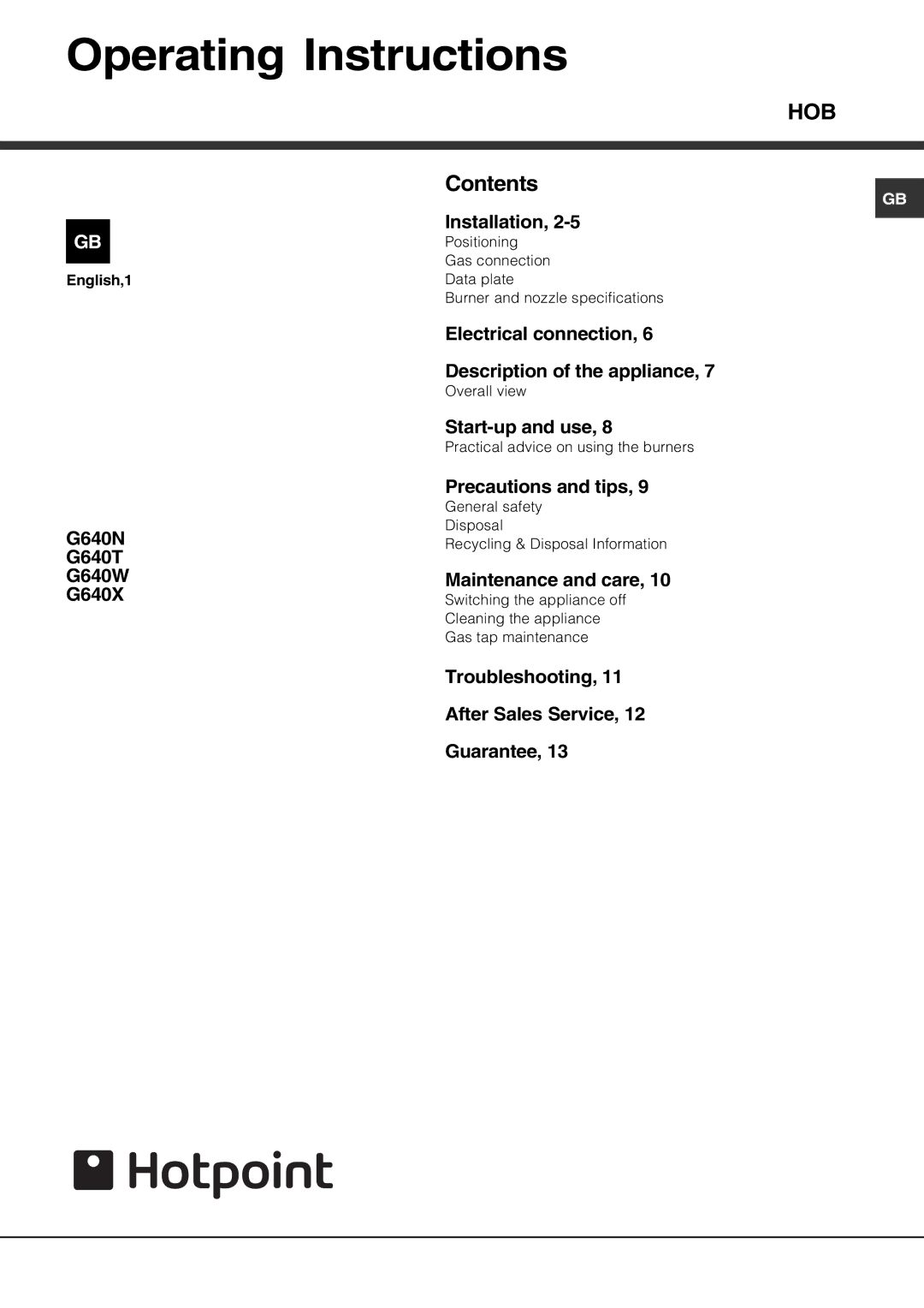 Hotpoint G640T specifications Operating Instructions, Hob 