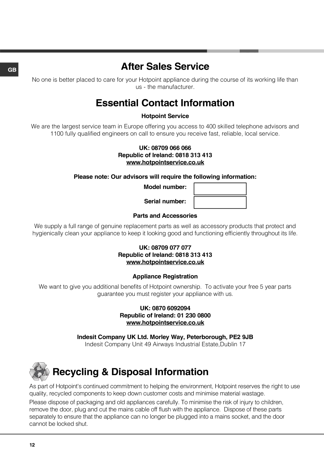 Hotpoint G640T specifications After Sales Service 