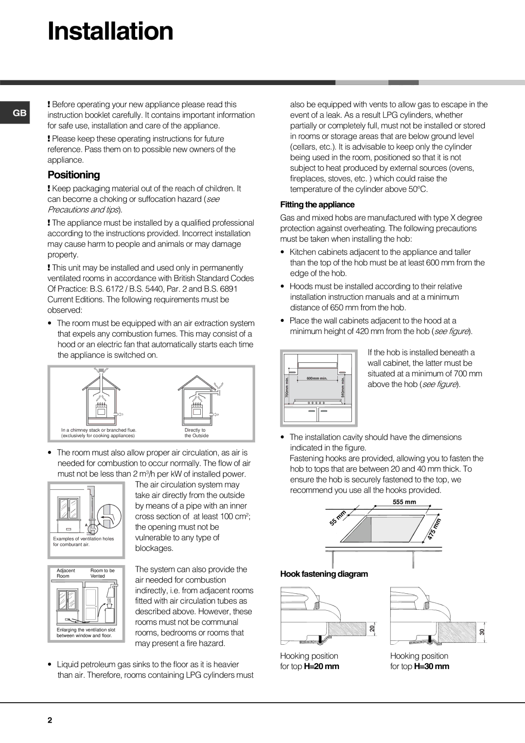 Hotpoint G640T specifications Installation, Positioning 