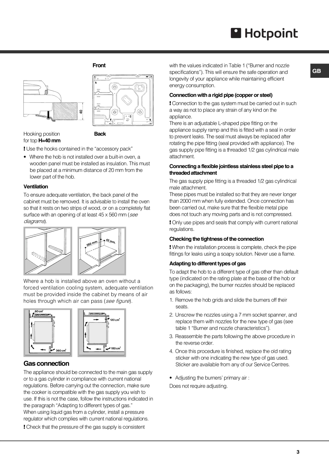 Hotpoint G640T specifications Gas connection 