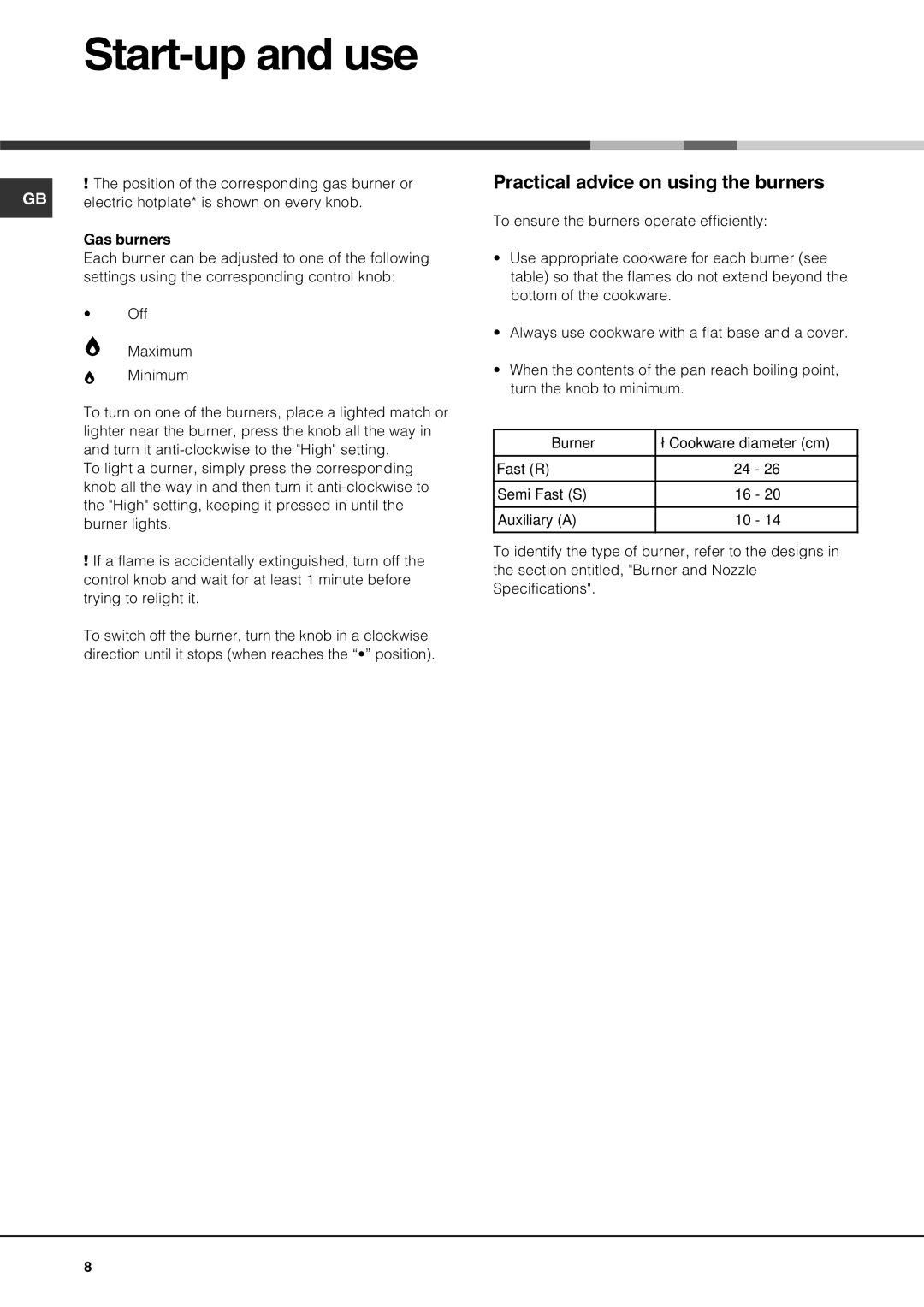 Hotpoint G640T specifications Start-up and use, Practical advice on using the burners 