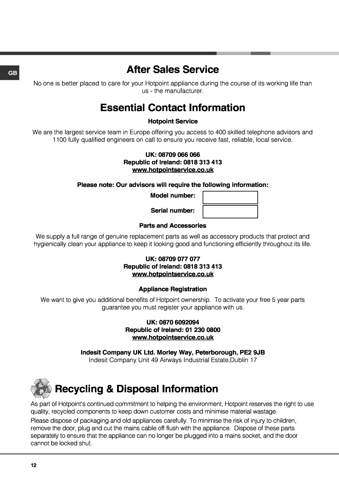 Hotpoint G640T specifications After Sales Service, Essential Contact Information, Recycling & Disposal Information 