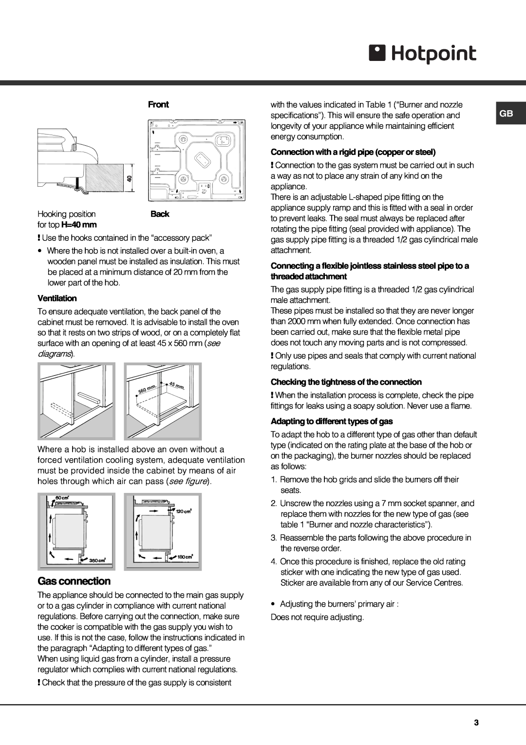 Hotpoint G640T specifications Gas connection 