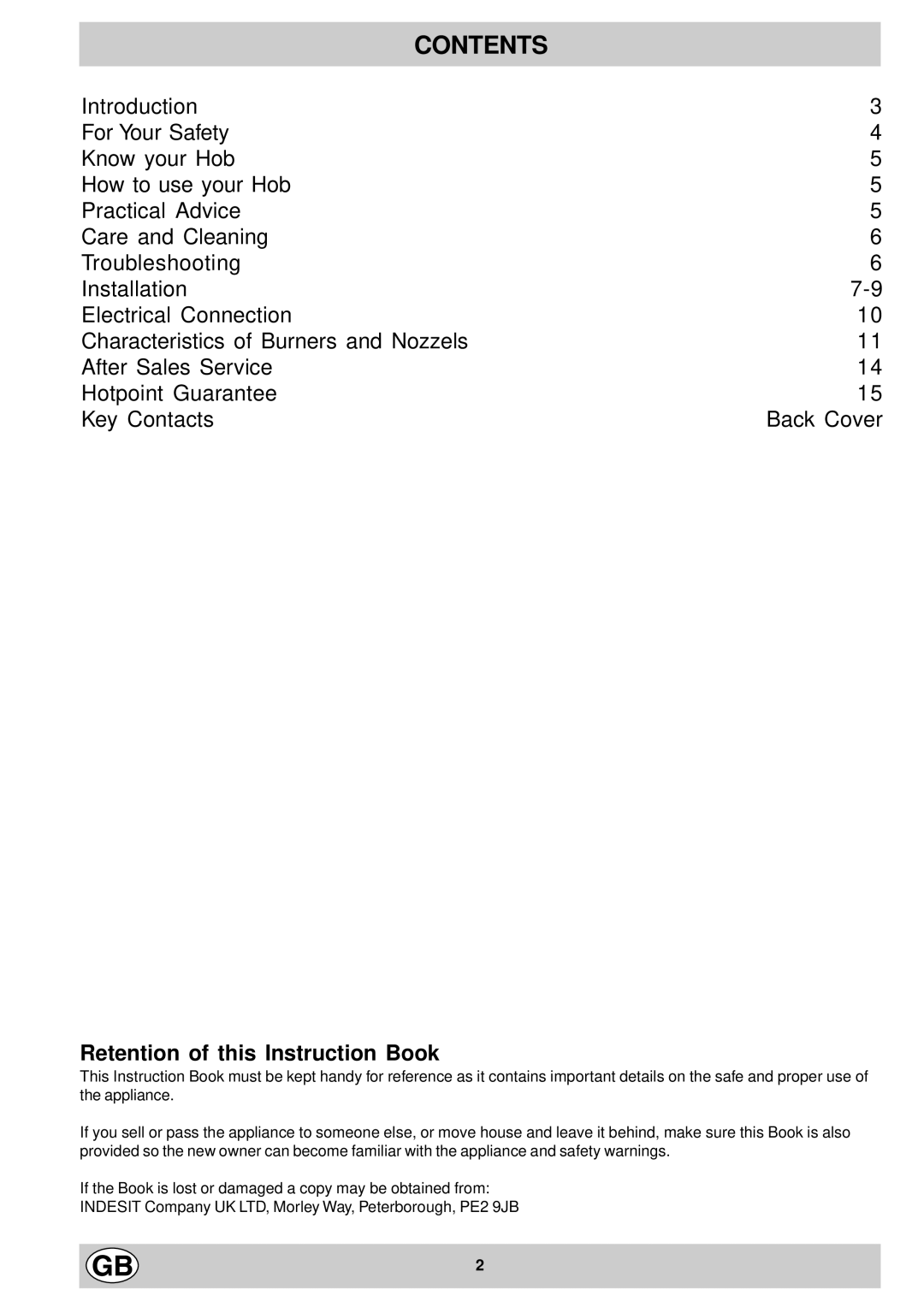 Hotpoint G740 manual Contents 