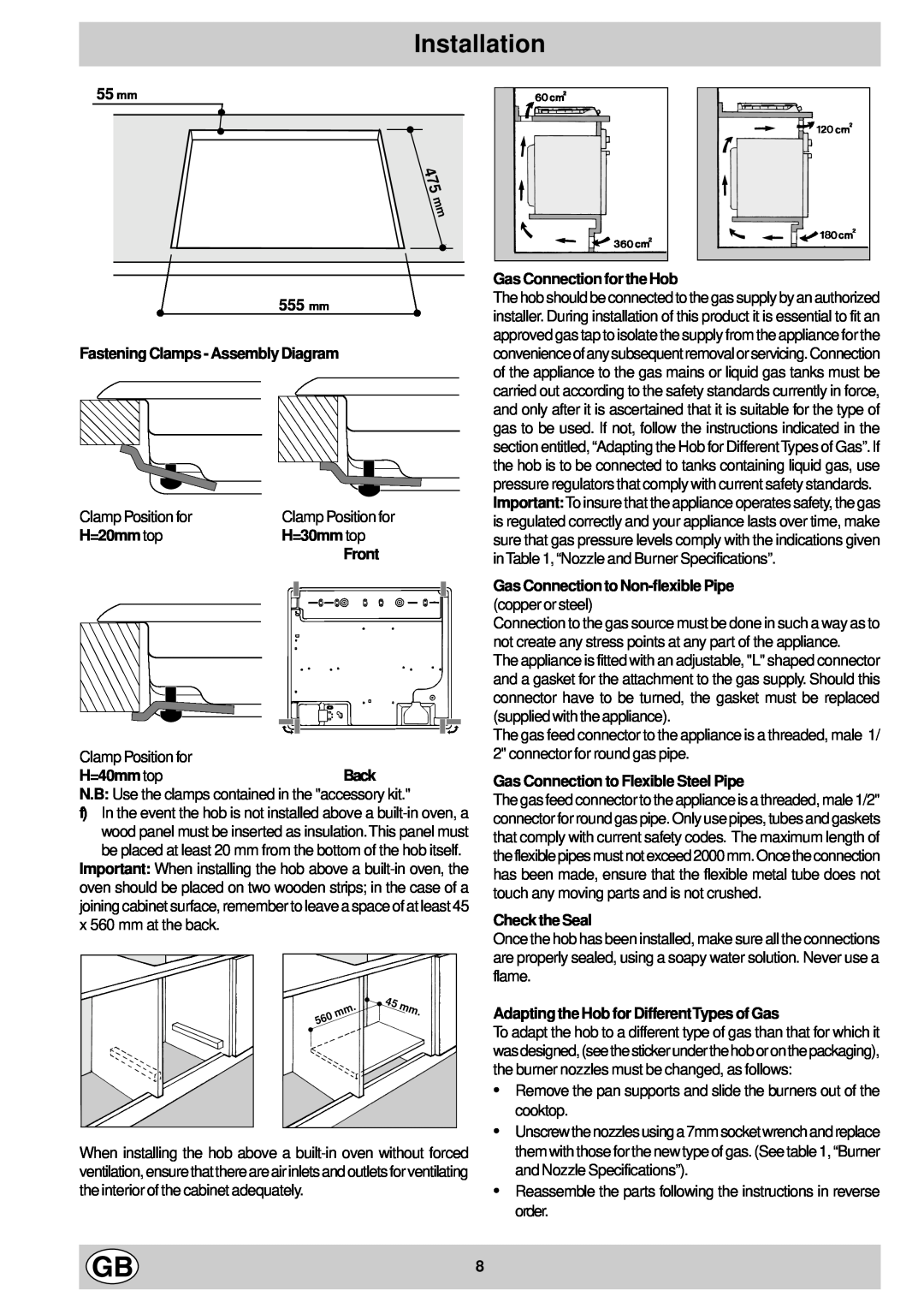 Hotpoint G740 manual Installation, mm Fastening Clamps - Assembly Diagram, H=20mm top, H=30mm top, Front, Check the Seal 