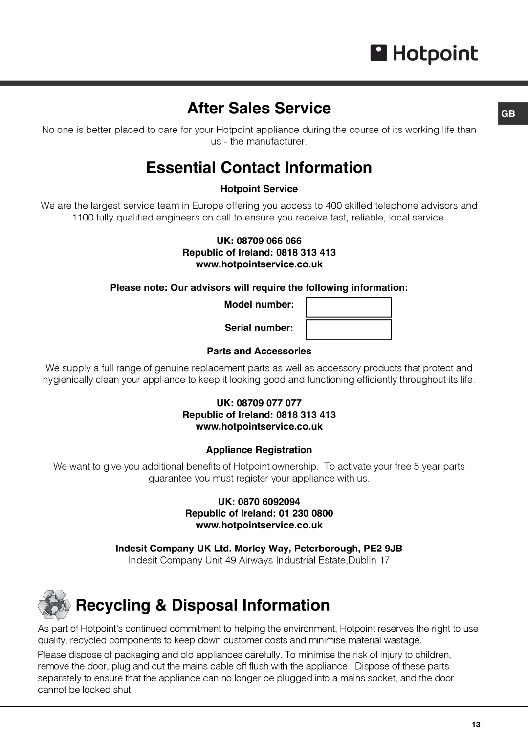 Hotpoint G760, G750 operating instructions After Sales Service 