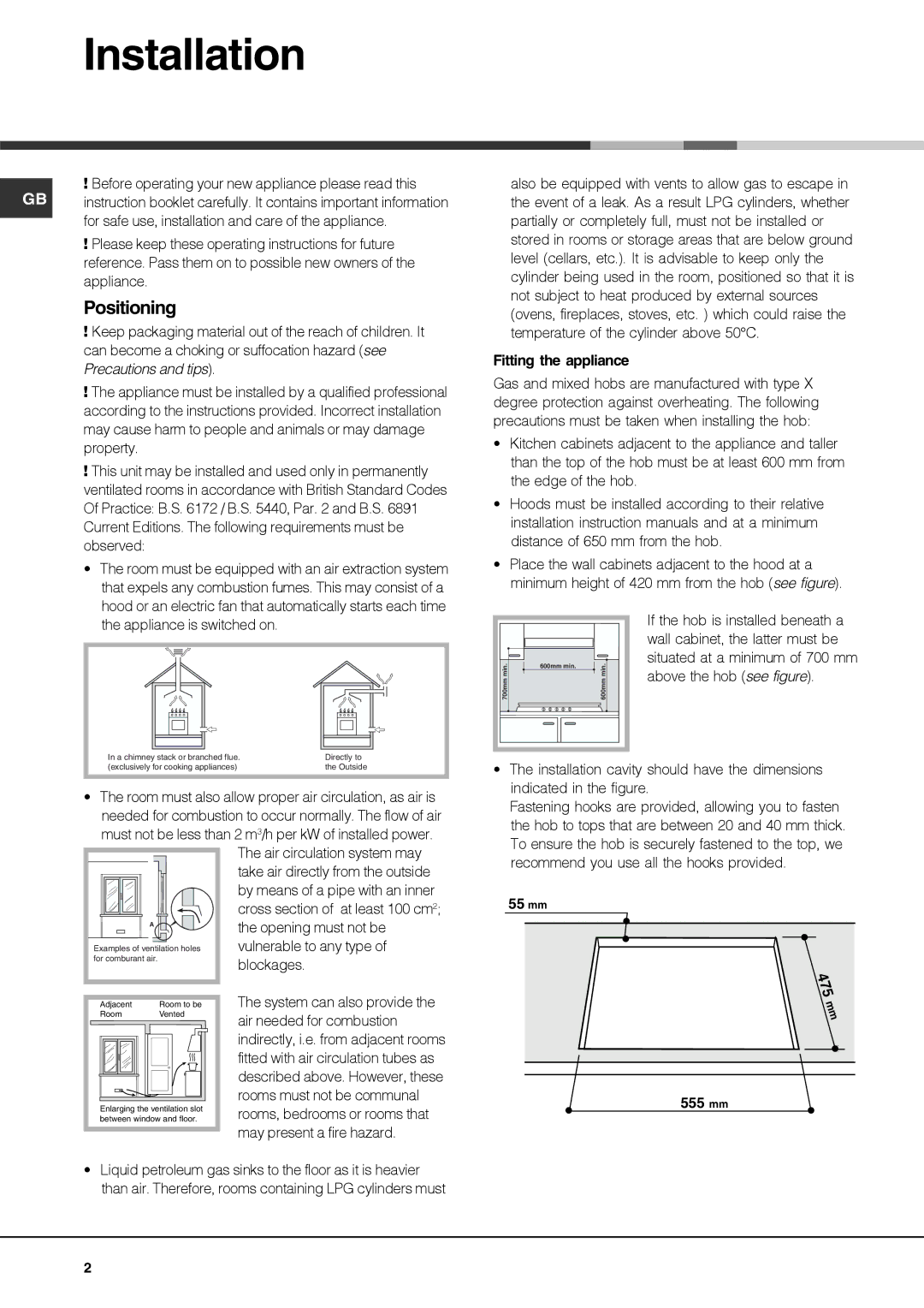 Hotpoint G750, G760 operating instructions Installation, Positioning, Fitting the appliance 