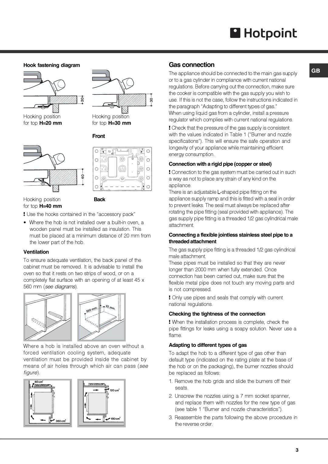 Hotpoint G760, G750 operating instructions Gas connection 