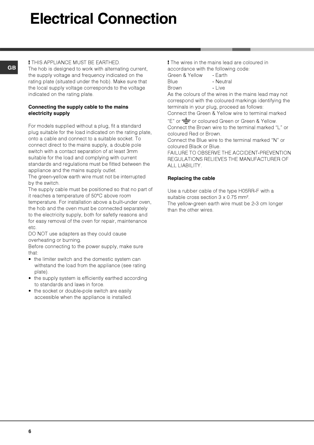 Hotpoint G750 Electrical Connection, Connecting the supply cable to the mains, Electricity supply, Replacing the cable 