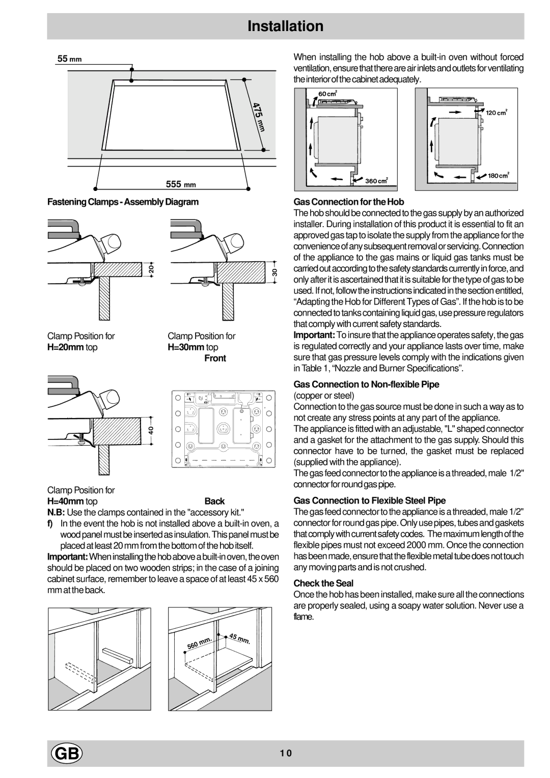 Hotpoint G750 mm Fastening Clamps Assembly Diagram, =20mm top =30mm top Front, Gas Connection for the Hob, Check the Seal 