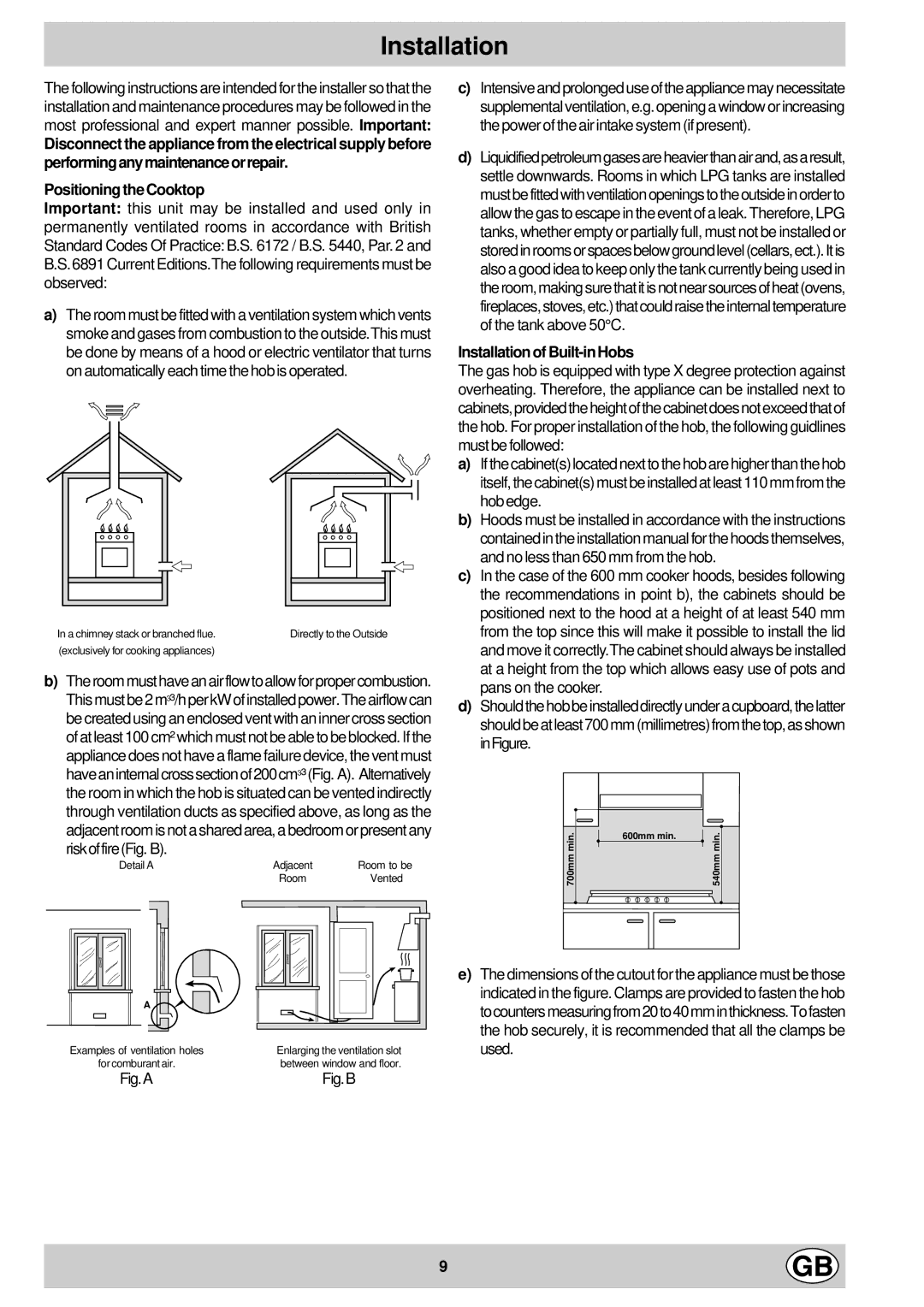 Hotpoint G760, G750 manual Installation of Built-in Hobs 