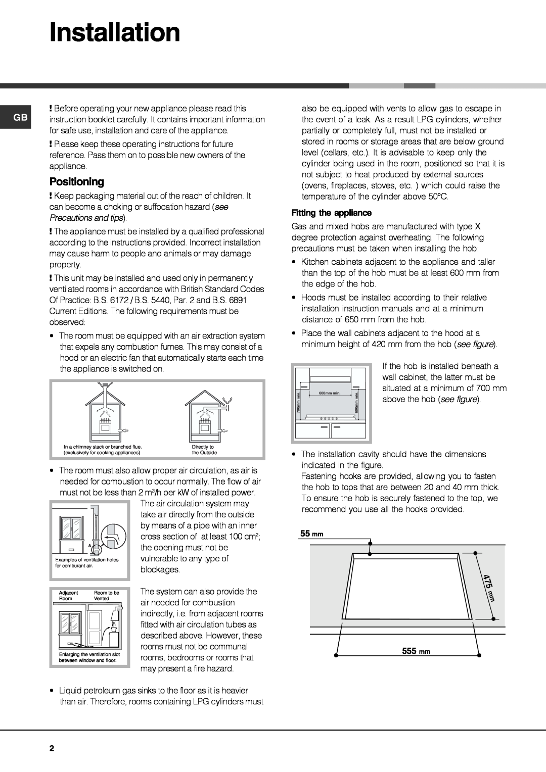 Hotpoint G750, G760 operating instructions Installation, Positioning, Fitting the appliance, 555 mm 
