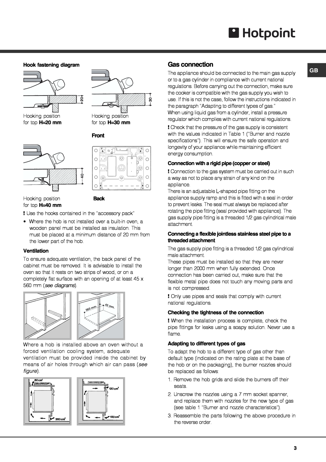 Hotpoint G760 Hook fastening diagram, Front, Ventilation, mm see diagrams, Connection with a rigid pipe copper or steel 