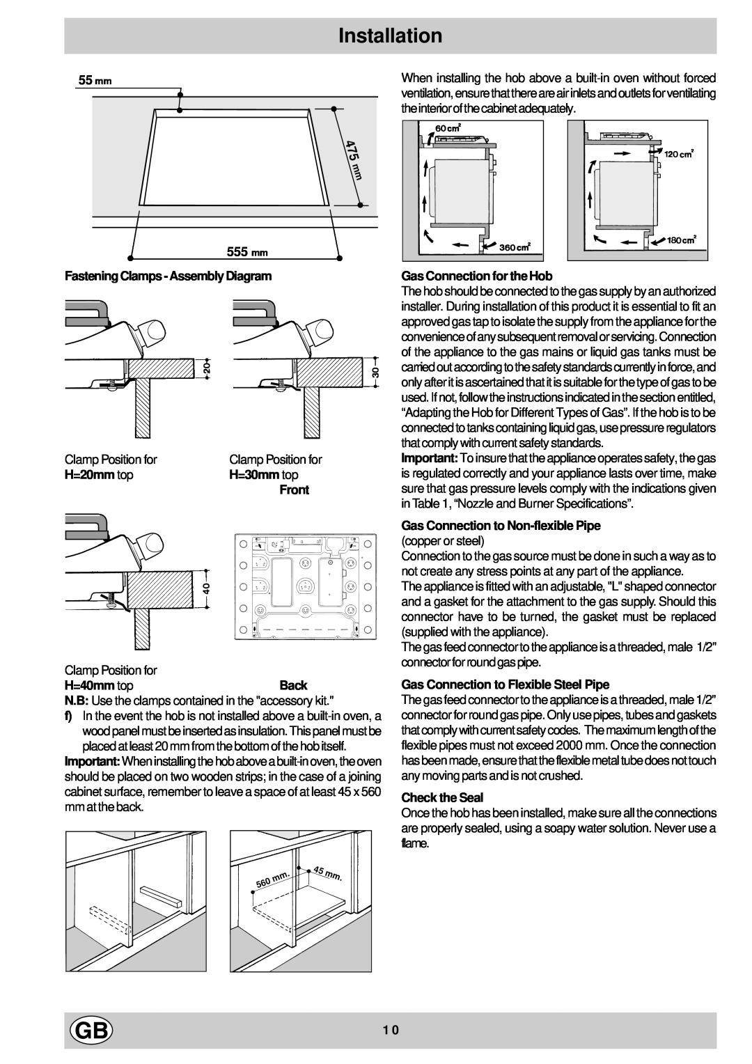 Hotpoint G750, G760 Installation, mm Fastening Clamps - Assembly Diagram, H=20mm top, H=30mm top, Front, Check the Seal 
