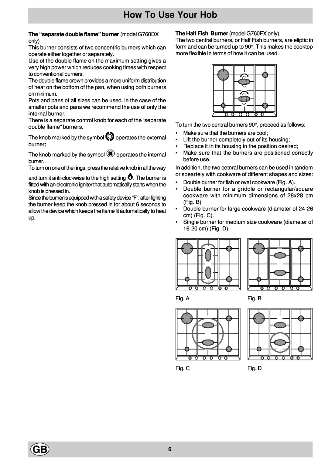 Hotpoint G750 manual How To Use Your Hob, The Half Fish Burner model G760FX only 