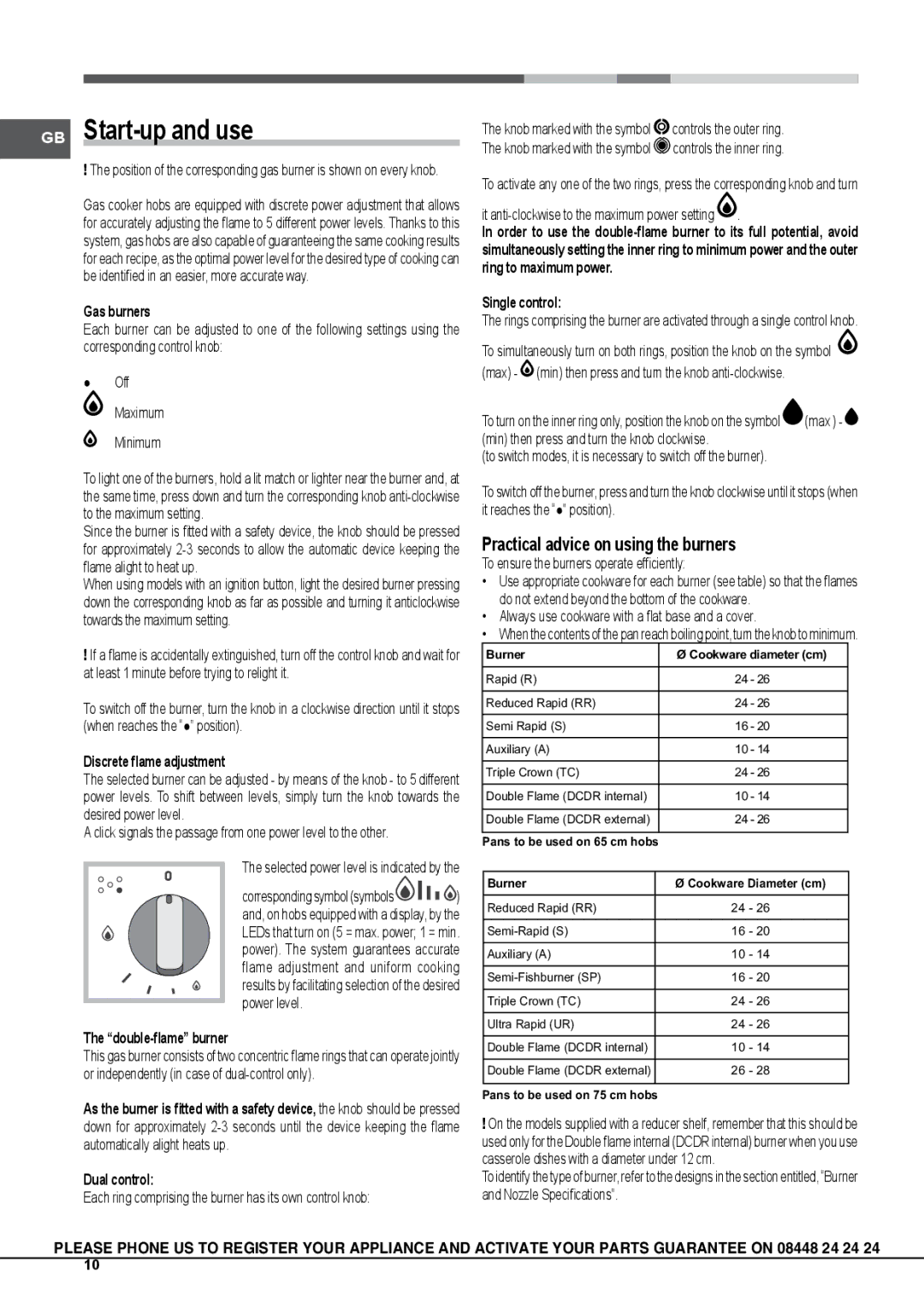 Hotpoint GA630RTX, GB630RTX, GB750X, GB641X, GB640.1RX, GA761RFX GB Start-up and use, Practical advice on using the burners 