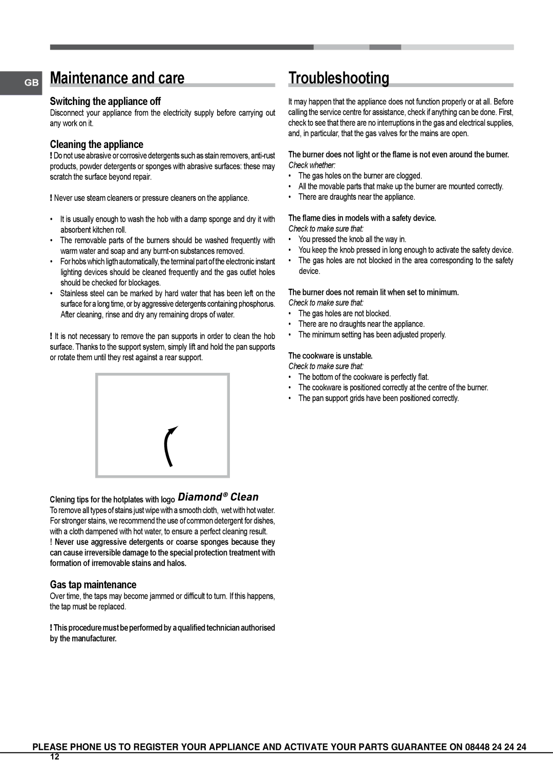 Hotpoint GX641RX, GB630RTX GB Maintenance and care, Troubleshooting, Switching the appliance off, Cleaning the appliance 