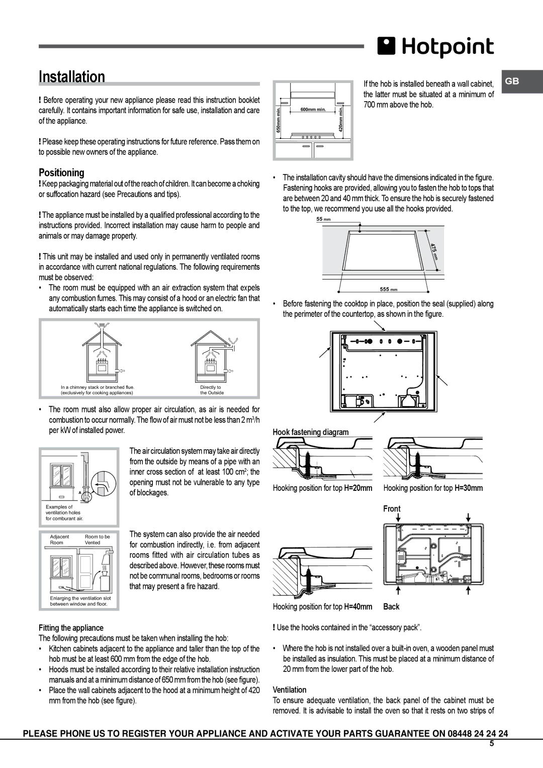 Hotpoint GBD641EIX, GB630RTX, GB750X, GB641X, GB640.1RX, GA761RFX, GA750X, GA640.1RX, GA641X, GA750TX Installation, Positioning 