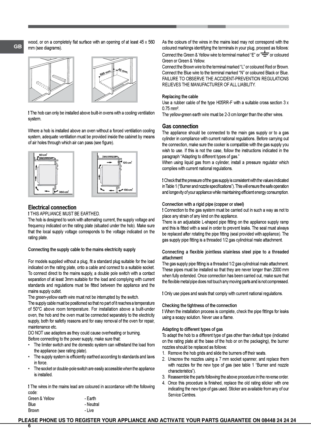 Hotpoint GA750X, GB630RTX, GB750X, GB641X, GB640.1RX, GA761RFX, GBD641EIX, GA640.1RX manual Electrical connection, Gas connection 