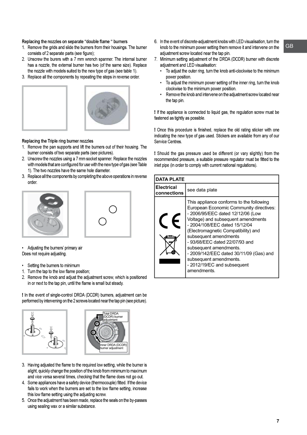 Hotpoint GA640.1RX manual Replacing the Triple ring burner nozzles, Replacing the nozzles on separate double flame burners 