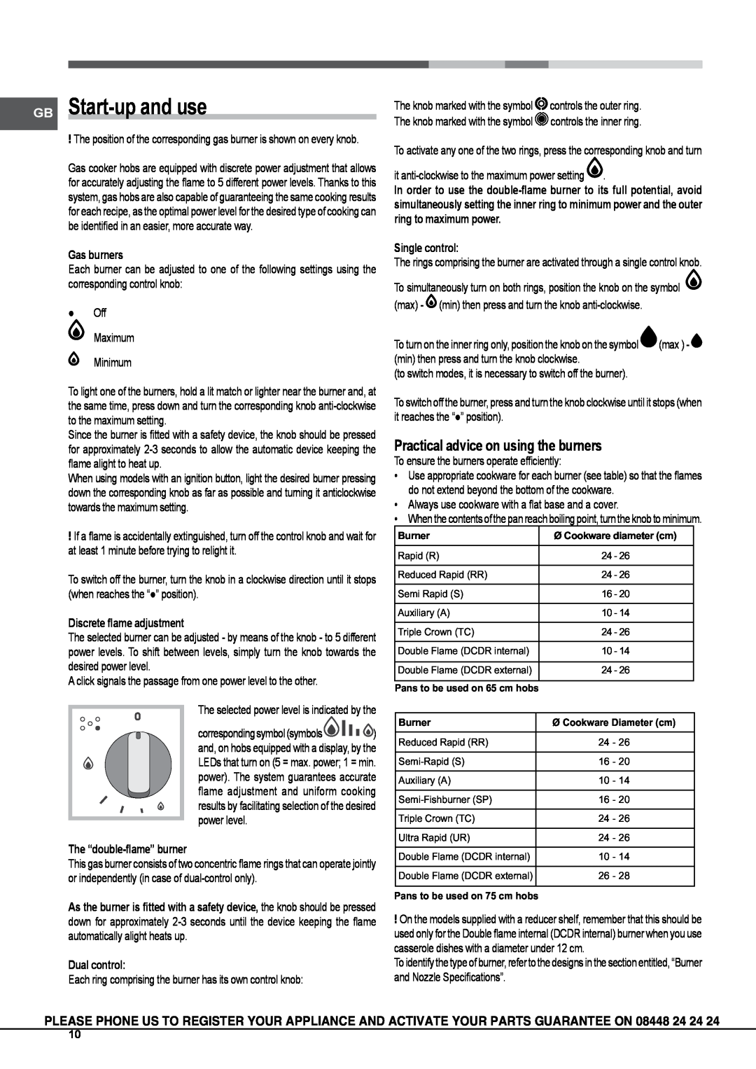 Hotpoint GA630RTX manual GB Start-up and use, Practical advice on using the burners, Gas burners, Discrete flame adjustment 