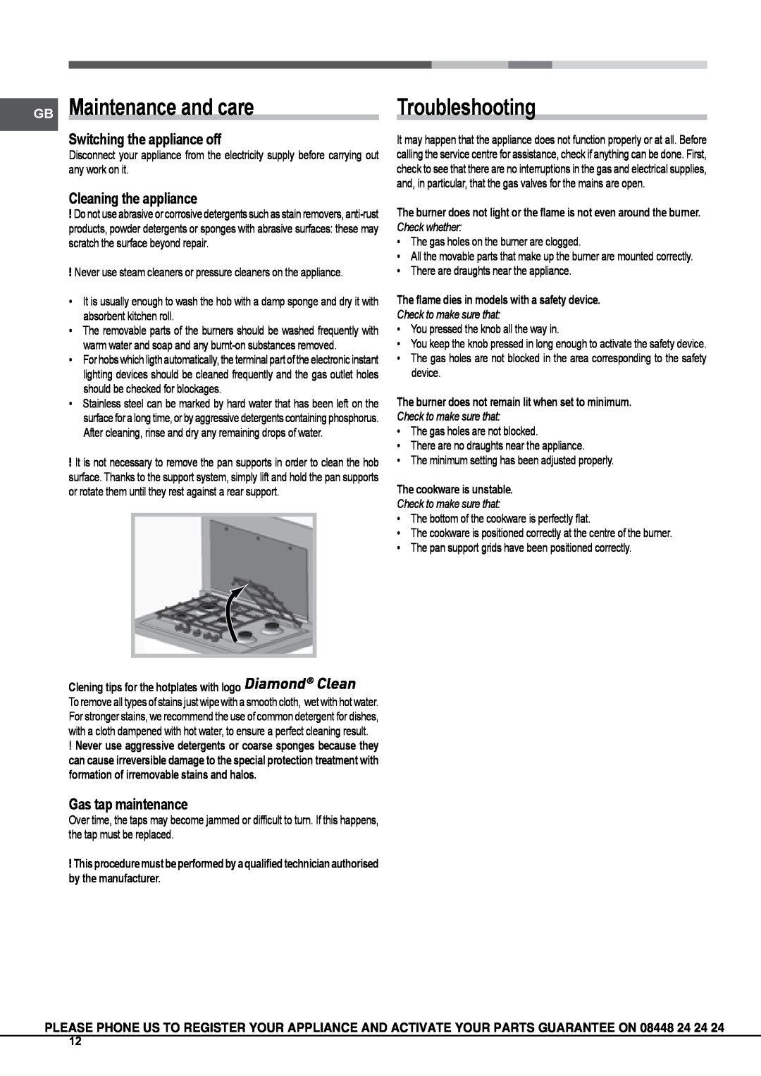 Hotpoint GX641RX, GB630RTX GB Maintenance and care, Troubleshooting, Switching the appliance off, Cleaning the appliance 