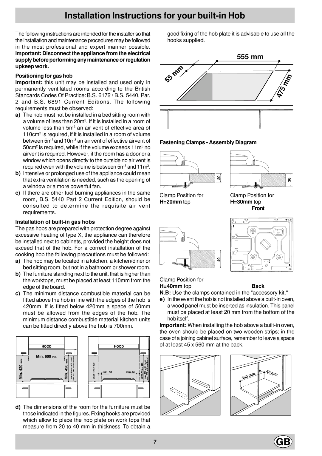 Hotpoint GC640 manual Installation Instructions for your built-in Hob, 475 