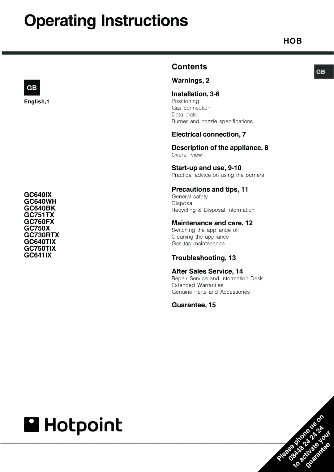 Hotpoint GC640IX specifications Operating Instructions, Hob 