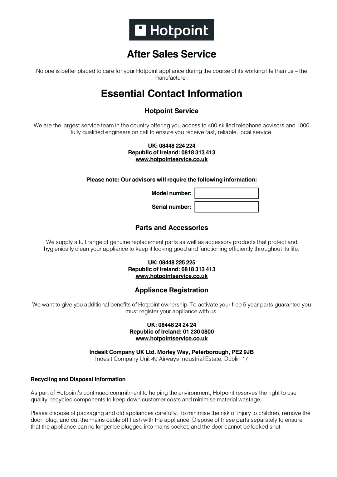 Hotpoint GC640IX specifications Hotpoint Service, Parts and Accessories, Appliance Registration 