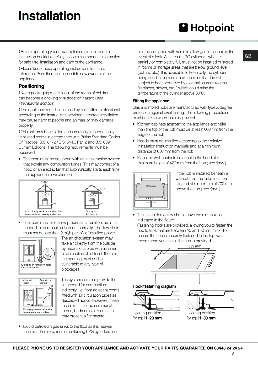 Hotpoint GC640IX specifications Installation, Positioning 