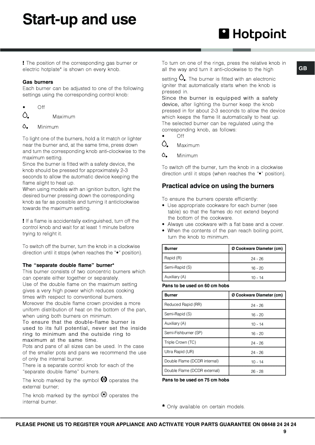 Hotpoint GC640IX specifications Start-up and use, Practical advice on using the burners 