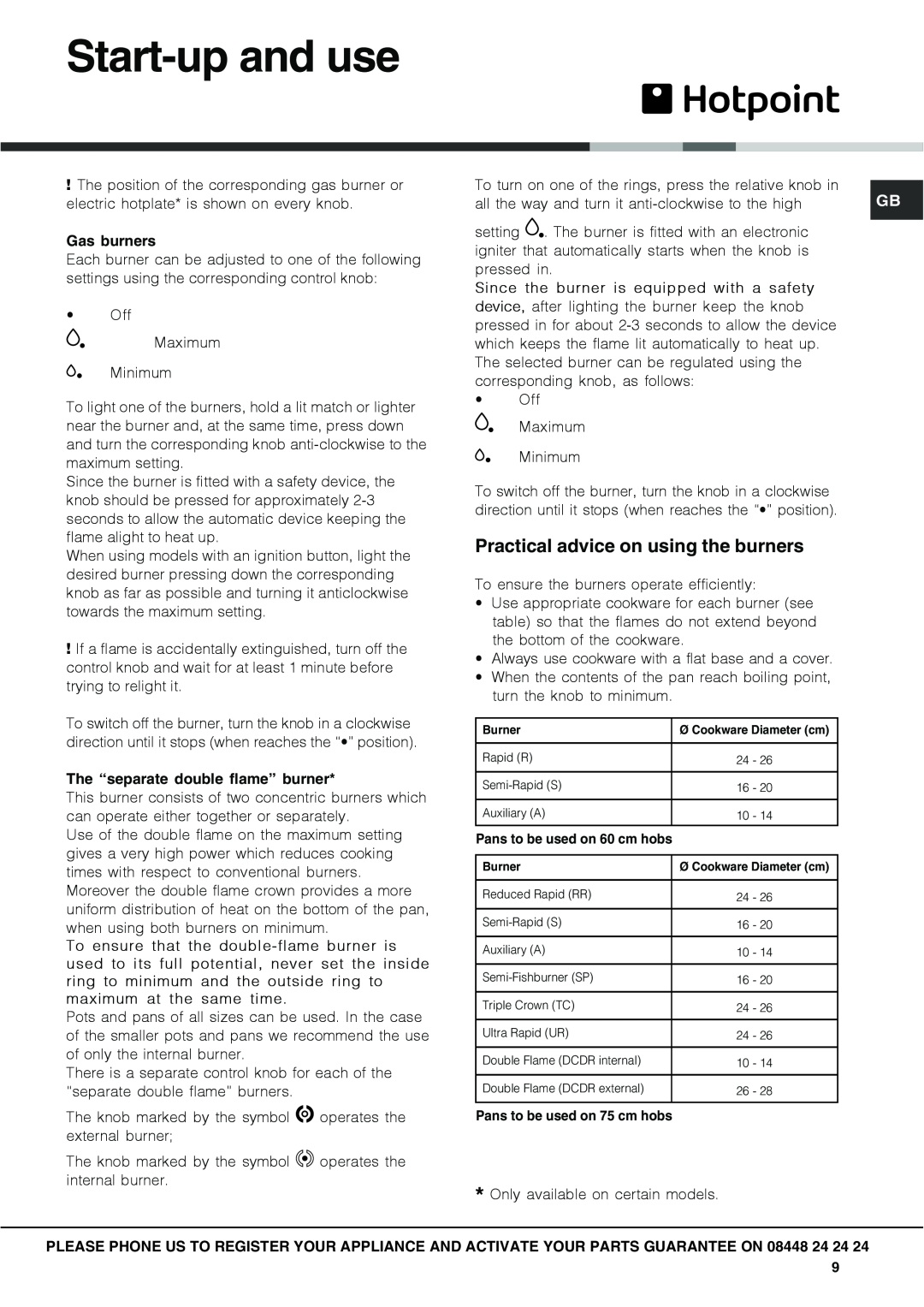 Hotpoint GC640IX specifications Start-upand use, Practical advice on using the burners 