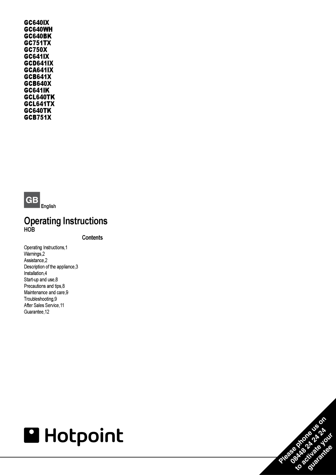 Hotpoint GC640BK, GC640WH, GC640IX, GC751TX manual Operating Instructions, GC750X 