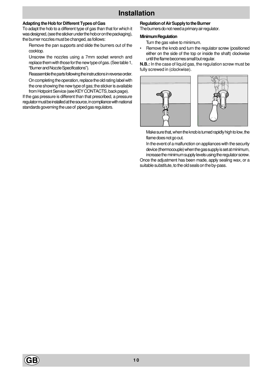 Hotpoint GD64, GD74 Adapting the Hob for Different Types of Gas, Regulation of Air Supply to the Burner, MinimumRegulation 