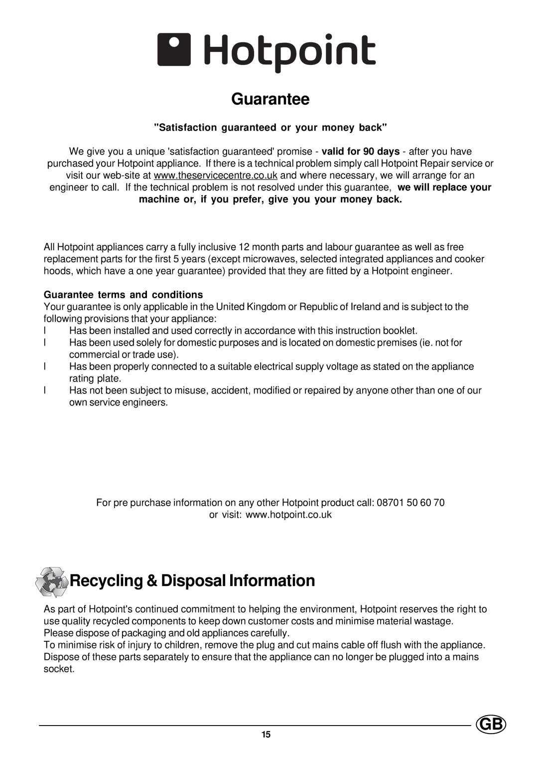 Hotpoint GD64, GE740TCX, GF740, GD74 CH manual Guarantee 