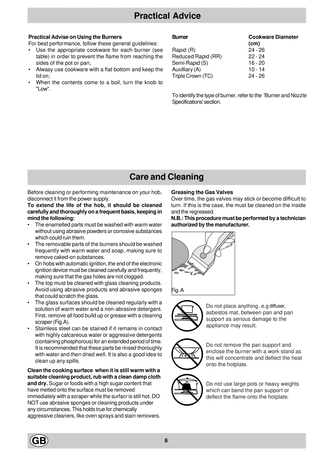 Hotpoint GE740TCX Practical Advice, Care and Cleaning, Practical Advise on Using the Burners, Greasing the Gas Valves 