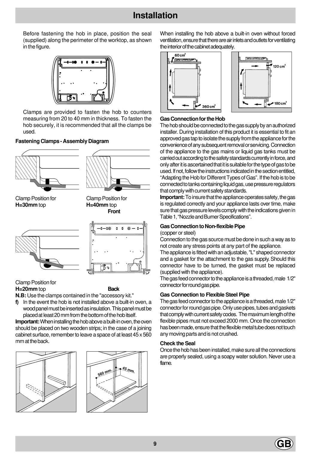 Hotpoint GD74 CH Fastening Clamps Assembly Diagram, =30mm top =40mm top Front, =20mm topBack, Gas Connection for the Hob 