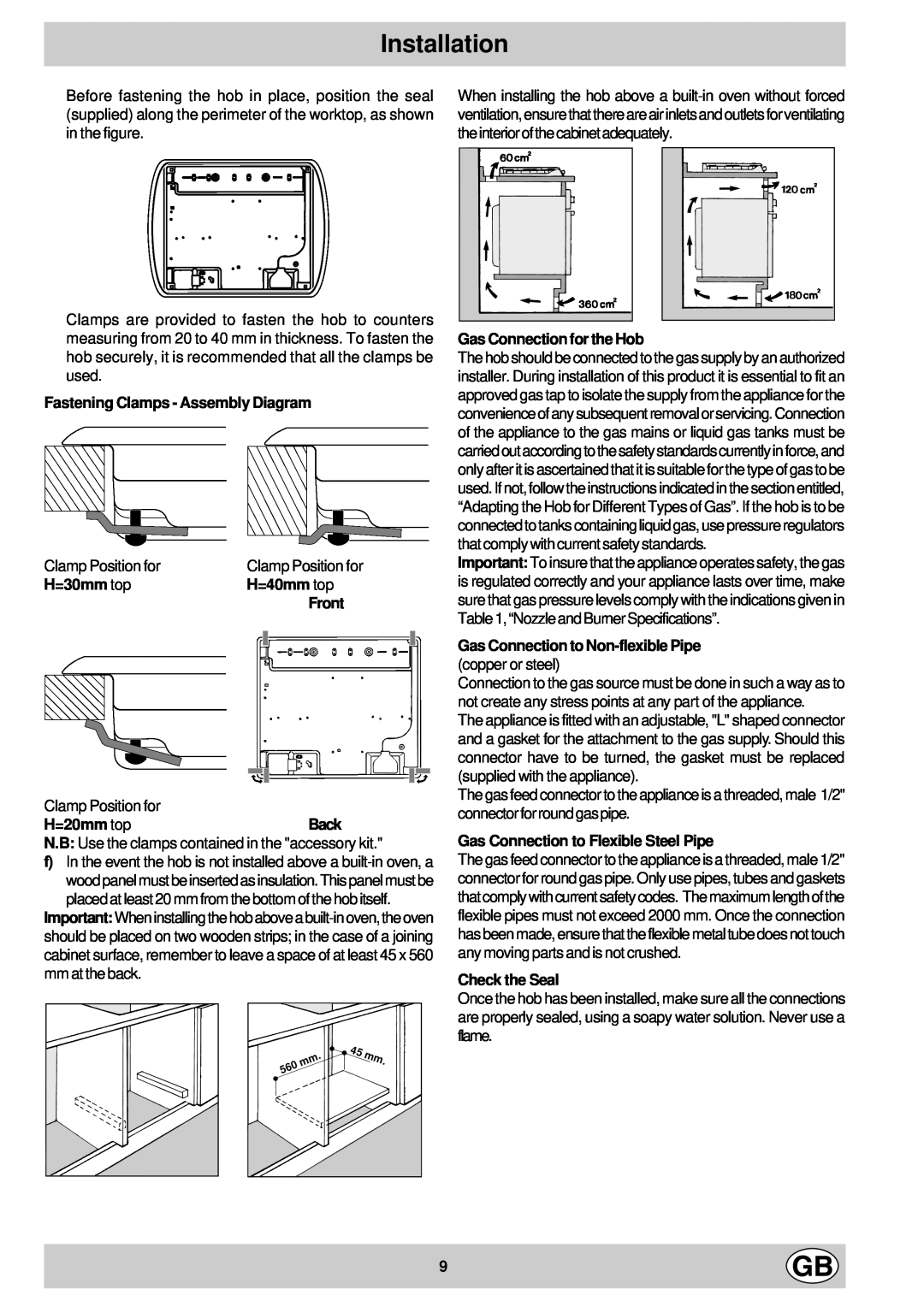 Hotpoint GD74 CH, GD64 Installation, Fastening Clamps - Assembly Diagram, H=30mm top, H=40mm top, Front, H=20mm topBack 