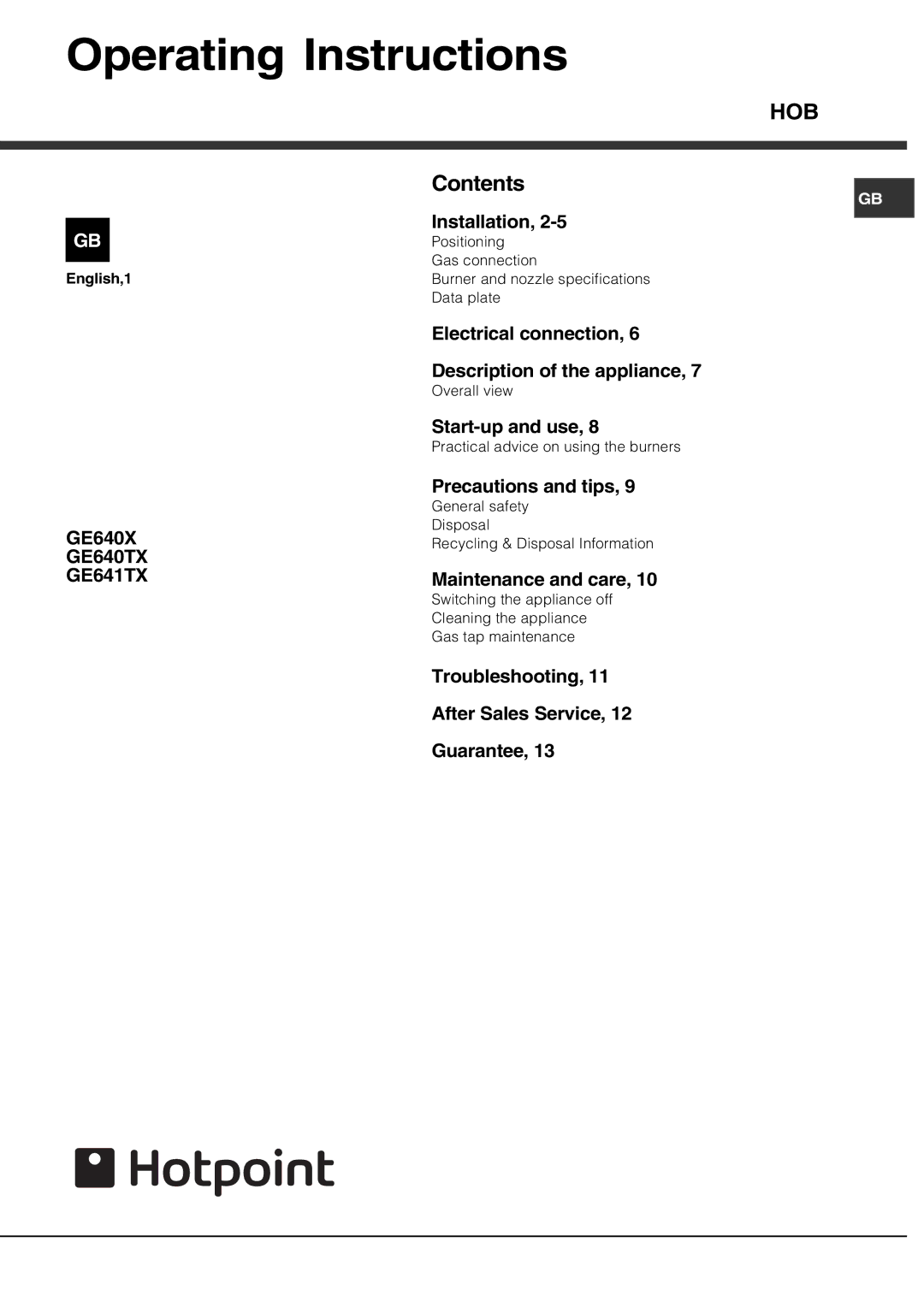 Hotpoint GE641TX, GE640X, GE640TX specifications Operating Instructions, Hob 