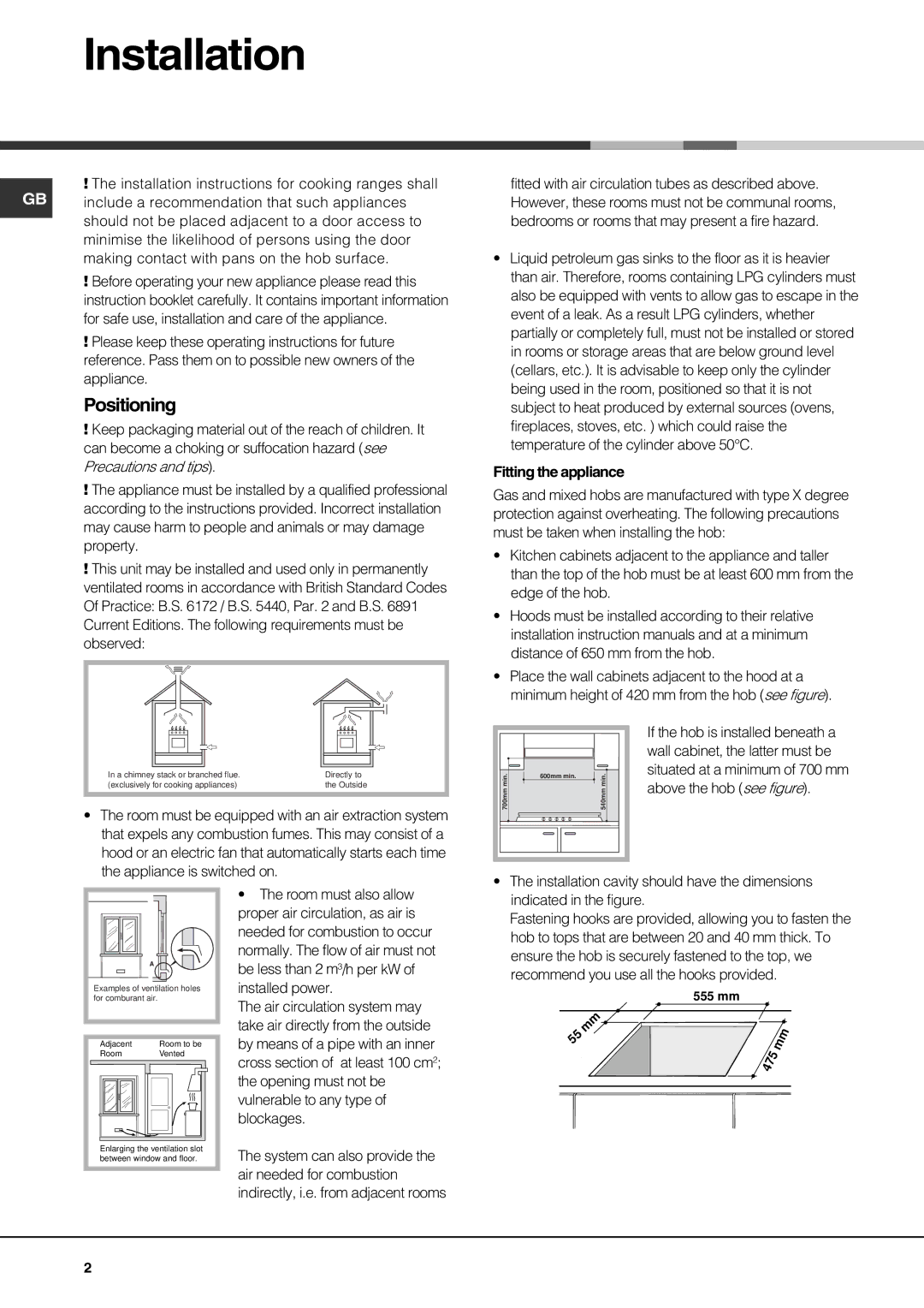 Hotpoint GE640TX, GE640X, GE641TX specifications Installation, Positioning 