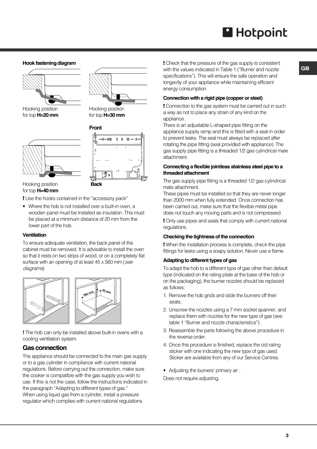 Hotpoint GE640X, GE641TX, GE640TX specifications Gas connection 