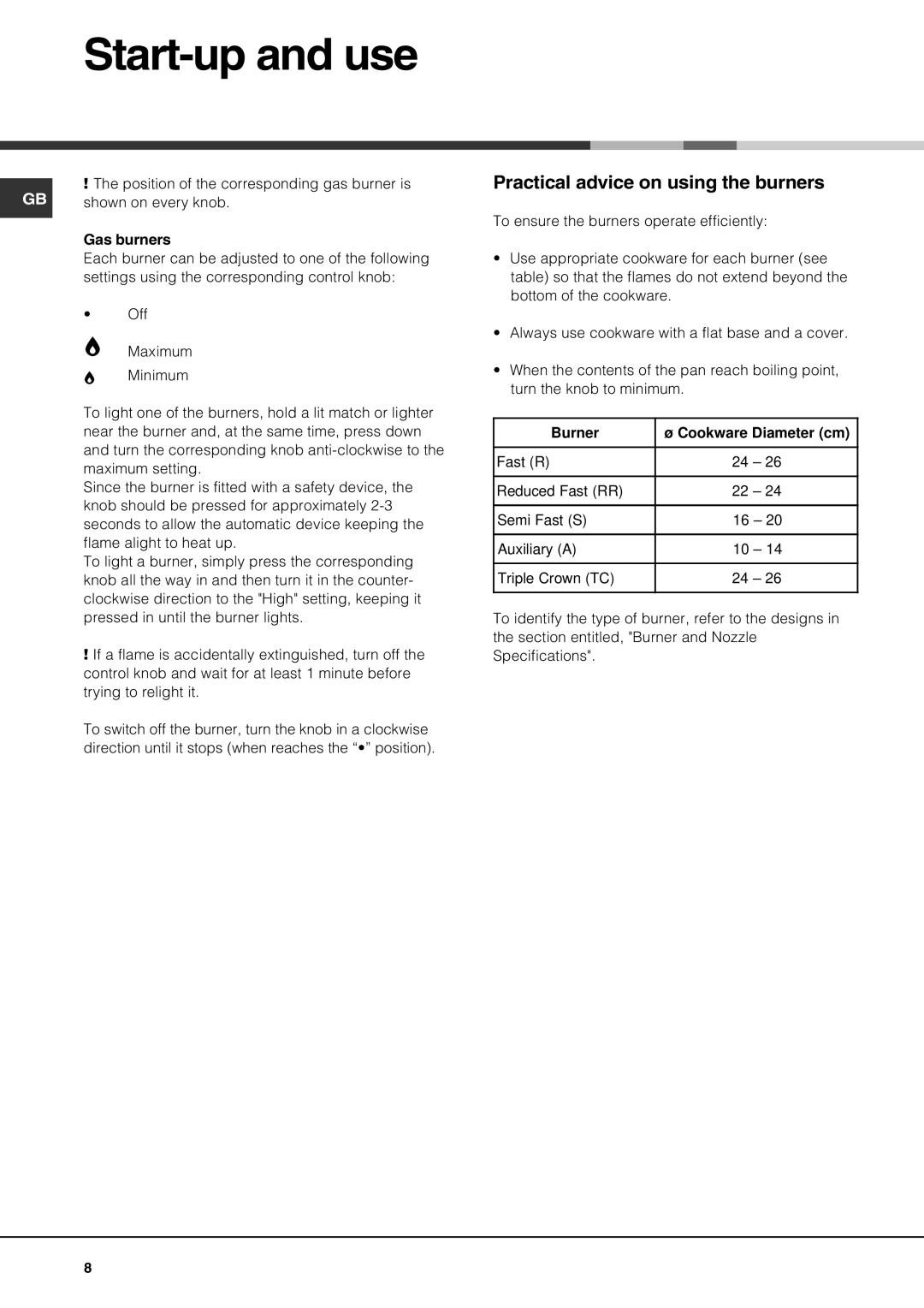 Hotpoint GE640TX, GE640X, GE641TX specifications Start-up and use, Practical advice on using the burners 