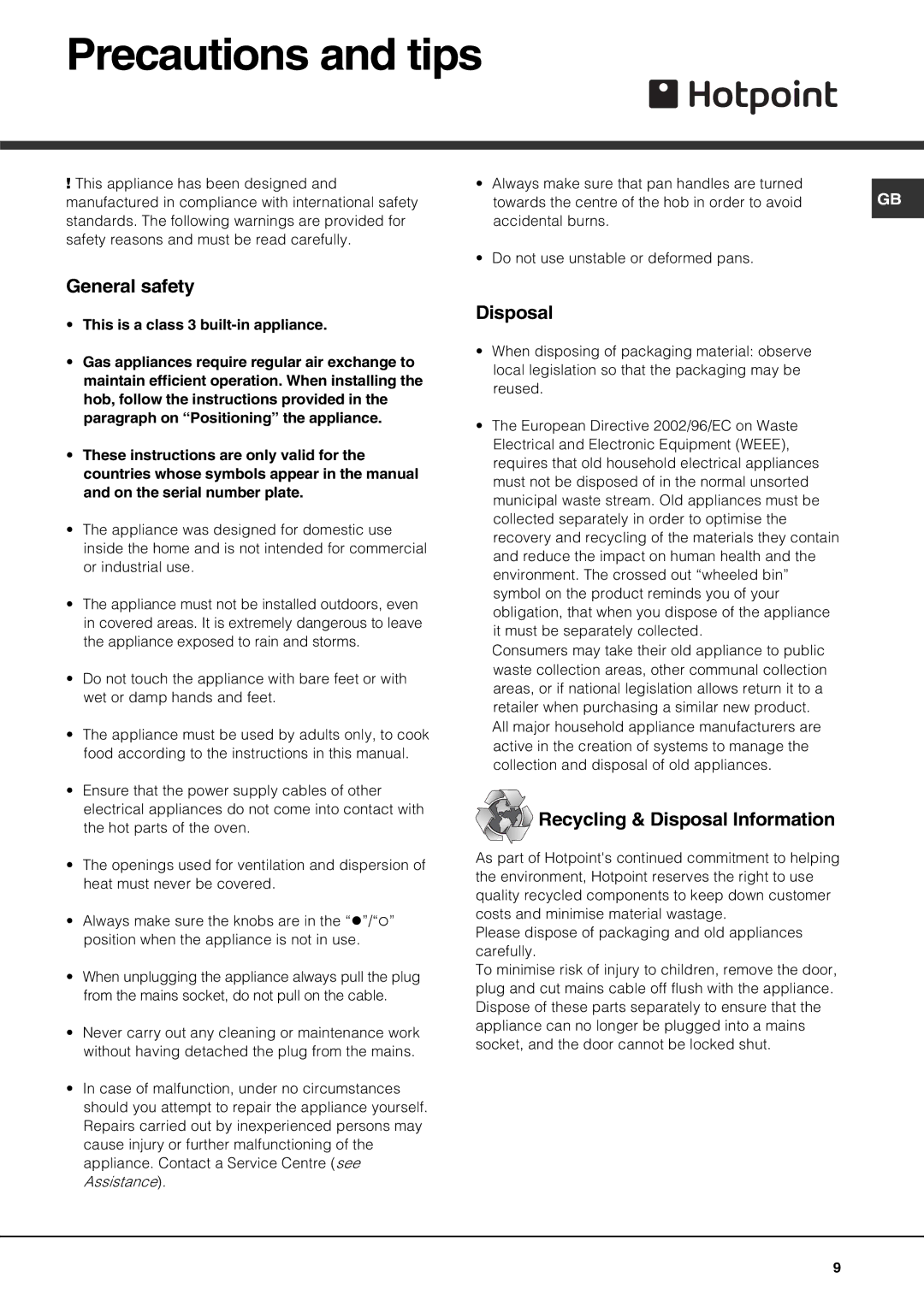 Hotpoint GE640X, GE641TX, GE640TX specifications Precautions and tips, General safety, Recycling & Disposal Information 